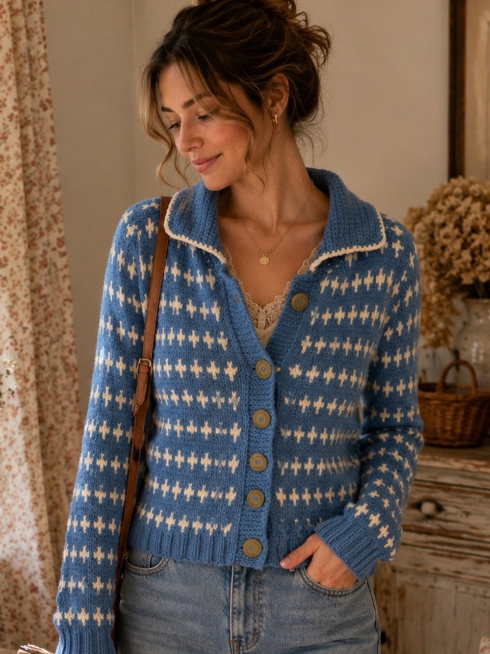 Handmade Blue & Cream Knit Cardigan Folk Pattern Cottagecore Cozy